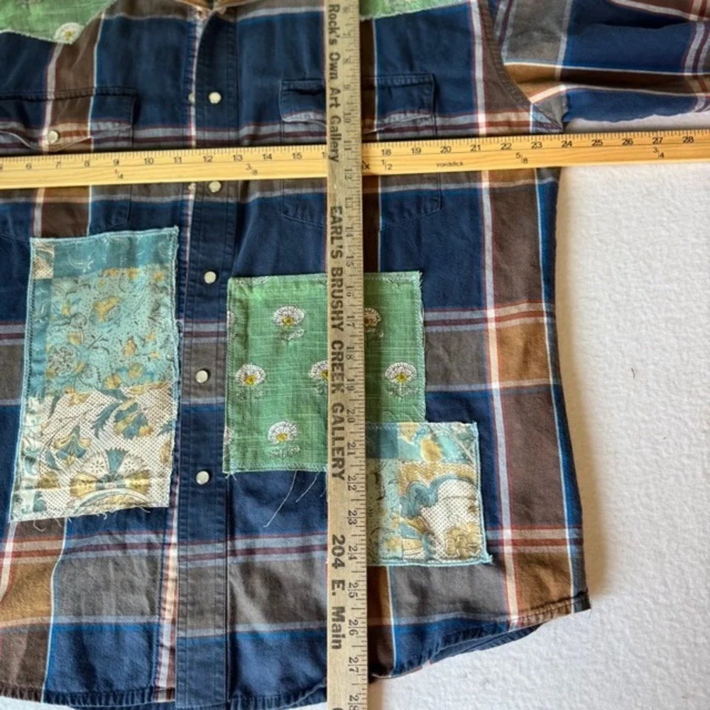Upcycled Wrangler Custom Western Shirt Plaid Pearl Snap Bird Floral Blue Brown‎ - Picture 7 of 8